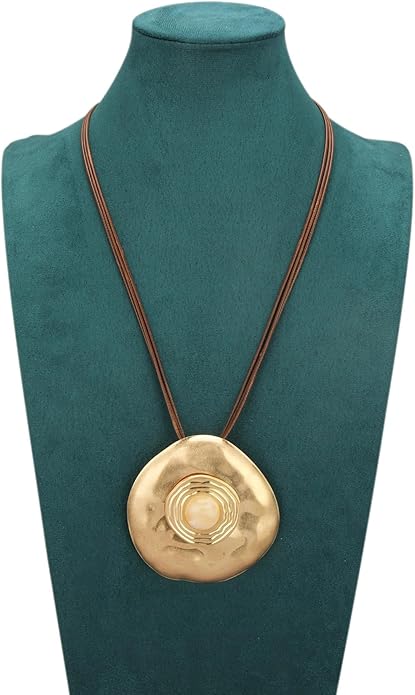 GelConnie Leather Necklace for Women Large Pendant Long Brown Necklace Circle Leather Choker Vintage Sweater Necklace Gold Chunky Boho Necklaces for Women