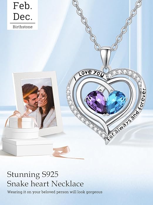 Valentine's Day Gifts for Wife 925 Sterling Silver Double Birthstone Pendant Necklaces I Love You for Always and Forever Necklace Anniversary Birthday Gifts for Wife Girlfriend Mom Her