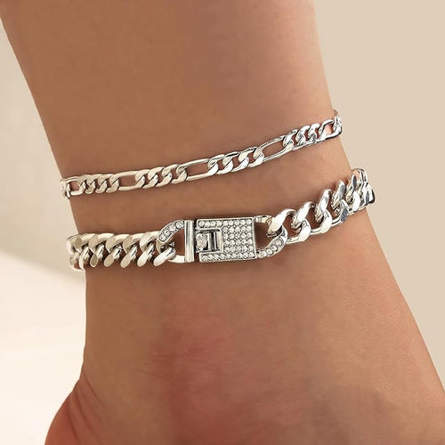 14K Gold Anklets for Women Waterproof Rhinestone Ankle Bracelet Layered Cuban Link Chain Diamond Anklet Beach Jewelry for Women