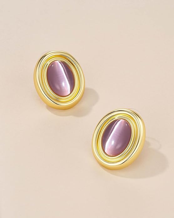 18K gold plated Medium Oval Button Chunky Statement Earrings for Women by SNGIA, (Turquoise, Carnelian, Aventurine, Amethyst, Malachite, Cat Eye, White, Cream) Bold Handmade Colored (Red, Blue, Green, White, Cream, Purple) Exaggerated Dome Retro Rounde...