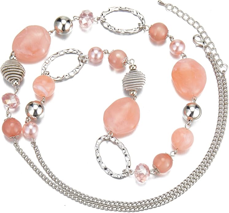 BULINLIN Beaded Long Necklace for Women Silver Sweater Chain Necklace with Crystal Resin Beads, Fashion Jewelry Necklace