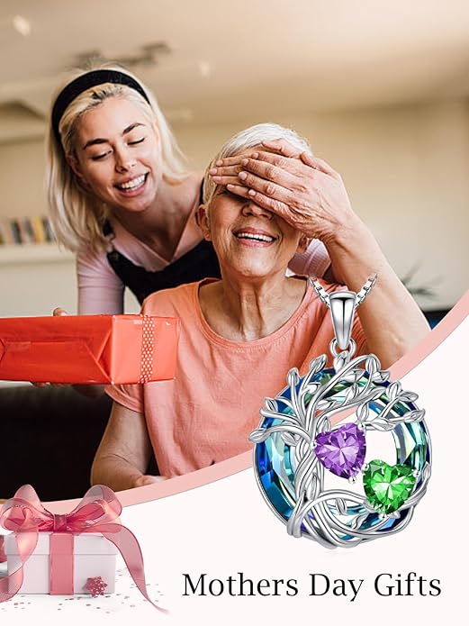 TOUPOP s925 Sterling Silver Family Celtic Tree of Life Pendant Necklaces with 2 Heart Birthstone with Blue Austrian Crystal Jewelry Birthday Valentines Day Gifts for Her, Anniversary Christmas Gifts for Wife Girlfriend Mom (18K Real White Gold Filled)