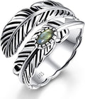 Sterling Silver Feather Ring with Black Onyx & Turquoise - Adjustable Stacking Vintage Statement Ring for Women & Men
