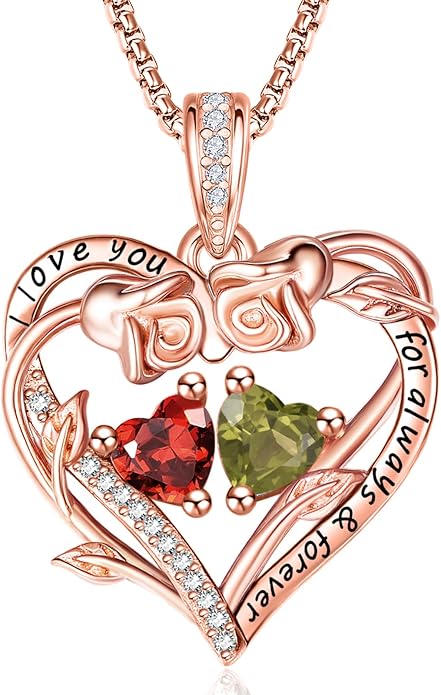Rose Heart Necklaces for Women, Rose Gold Forever Love Jewelry with 2 Birthstones Pendant,Valentines Anniversarry Birthday Gifts for Her Wife Mom Grandma Daughter, 18+2 Inch Chain