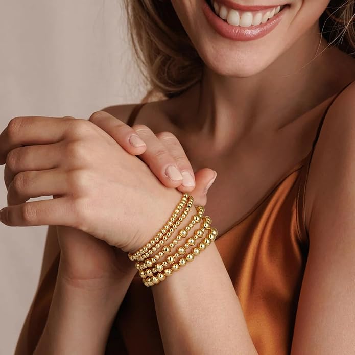 adoyi Valentines Day Gifts for Her Gold Bracelets for Women Waterproof, 14K Gold Plated Beaded Strand Bead Ball Bracelets stack Adjustable Jewelry Set for Gifts