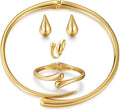 4 Pcs Statement Jewelry Set for Women – 18K Gold Plated Teardrop Necklace, Gold Drop Earrings, Bold Rings & Cuff Bracelets, Elegant Jewelry Gifts for Women