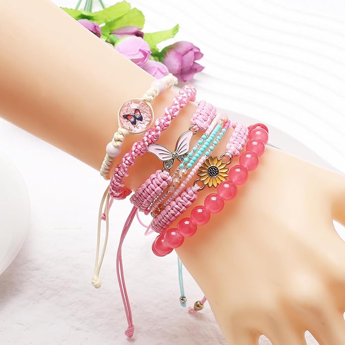 DS 6PCS String beads Charm Bracelets for Teen Girls Handmade Braided Rope Butterfly daisies Eternal flower Boho Surfer Bracelet for women Adjustable friendship Stretch birthday jewelry Gift Friends