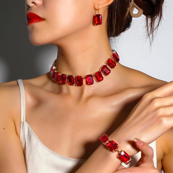 KOSMOS-LI Rectangle Faux Crystal Jewelry Sets Includ Necklace Bracelet Earrings For Women Stocking Stuffers