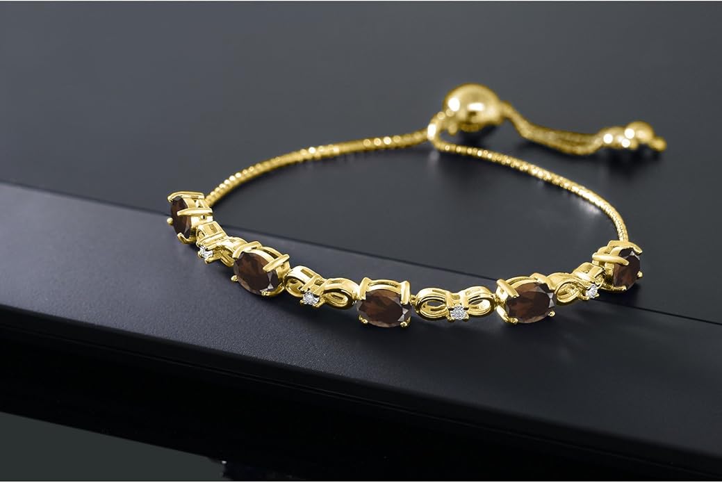 Gem Stone King 7X5MM Oval Cut Gemstone Birthstone and Accent Lab Grown Diamond Tennis Bracelet For Women In 18K Yellow Gold Plated Silver | Adjustable Bolo Bracelet For Women | Easy-On Easy-Off