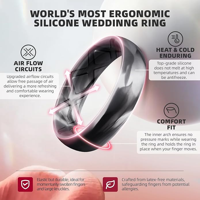 Egnaro Women's Bridal Rings Sets, Inner Arc Ergonomic Breathable Design Silicone Rubber Wedding Bands