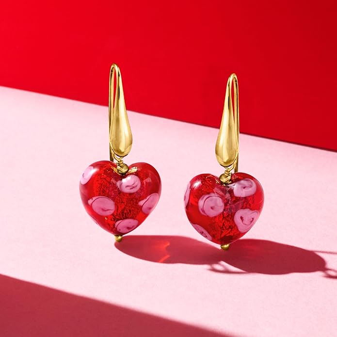 Ross-Simons Italian Murano Glass Heart Drop Earrings in 18kt Gold Over Sterling