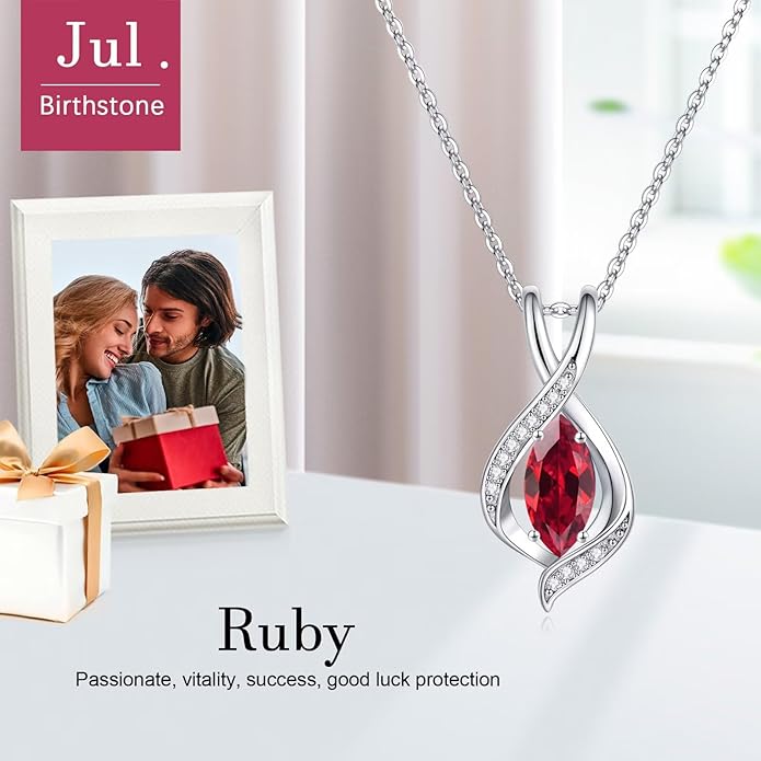 Iefil Valentines Day Gifts for Her, 925 Sterling Silver Marquise Birthstone Necklace Birthday Gifts Dainty Necklaces Birthstone Jewelry for Wife Daughter, 19"+2" Inches