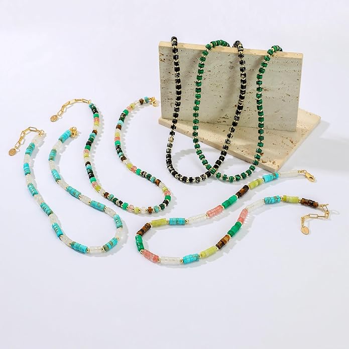 Beaded Necklace for Women, Colorful Boho Beach Handmade Bead Choker, 14K Gold Plated Stackable Bohemian Multicolor Natural Stone Necklace
