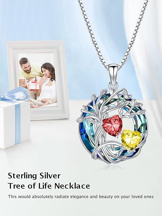TOUPOP s925 Sterling Silver Family Celtic Tree of Life Pendant Necklaces with 2 Heart Birthstone with Blue Austrian Crystal Jewelry Birthday Valentines Day Gifts for Her, Anniversary Christmas Gifts for Wife Girlfriend Mom (18K Real White Gold Filled)