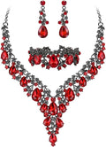 BriLove Women's Wedding Bridal Austrian Crystal Teardrop Flower Cluster Statement Necklace Dangle Earrings Jewelry Set for Party Prom