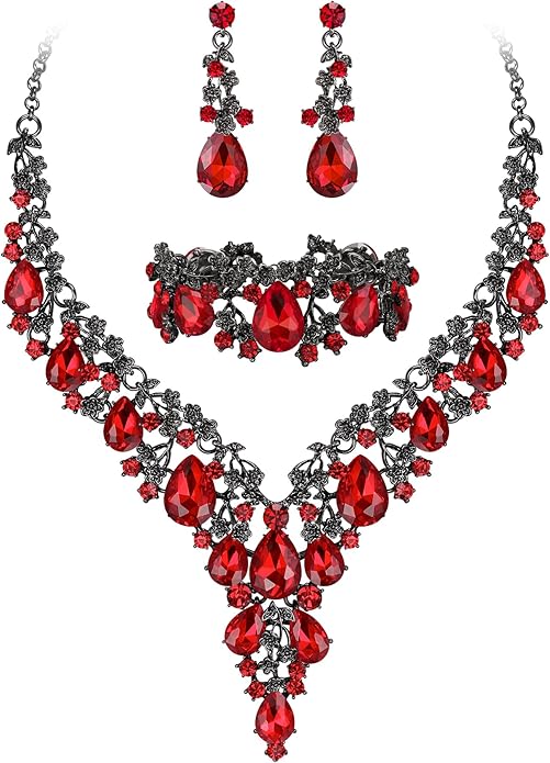 BriLove Women's Wedding Bridal Austrian Crystal Teardrop Flower Cluster Statement Necklace Dangle Earrings Jewelry Set for Party Prom