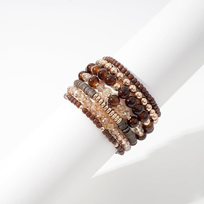 GOOJIDS Surfer Heishi Clay Bead Bracelets for Women Bohemian Stackable Gold Plated Beaded Stretch Bracelets Elastic Layering Friendship Bracelets Set Boho Jewelry