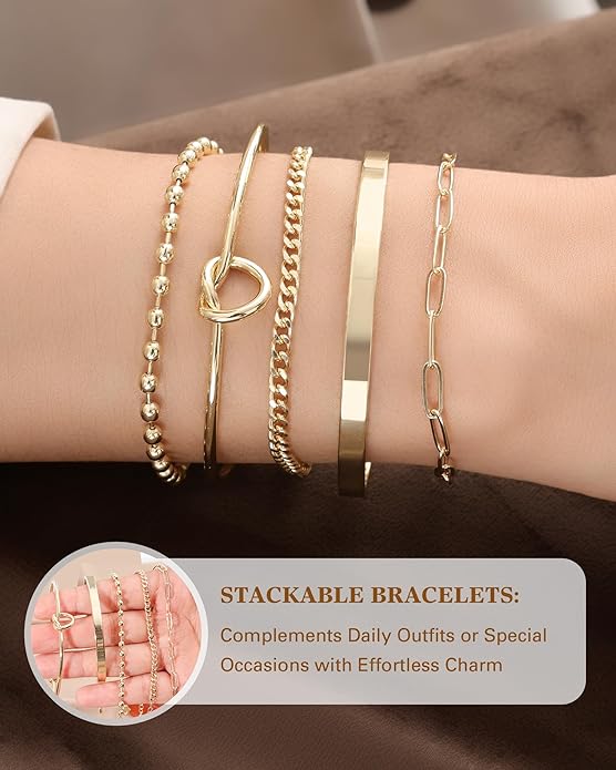 Gold Bracelets for Women, 14K Gold Plated Chain Bracelets Set for Women, Elegant Adjustable Bracelet Stack Jewelry Gifts for Womens