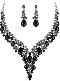 BriLove Women's Wedding Bridal Austrian Crystal Teardrop Flower Cluster Statement Necklace Dangle Earrings Jewelry Set for Party Prom
