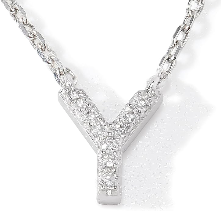 JTV Sterling Silver Initial Necklace for Women, 0.13 CTW White Cubic Zirconia Letter Pendant, Rhodium-Plated, Personalized Monogram Jewelry, Gift Box Included, 18”