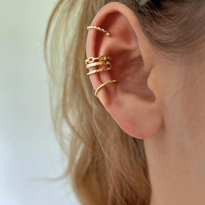 CHIC & ARTSY 925 Sterling Silver Ear Cuffs for Women, Non Piercing Clip On Cartilage Cuffs, Adjustable Fake Conch & Helix Earrings, Gold Plated & Oxidized Various Styles