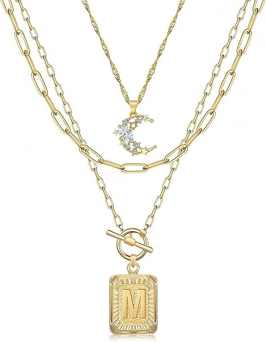 MJartoria Layered Initial Necklaces for Women Trendy, 14K Gold Plated Brass Simple Moon Choker Square Letter Pendant Necklace, Paperclip Chain Necklaces Jewelry Gifts