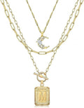 MJartoria Layered Initial Necklaces for Women Trendy, 14K Gold Plated Brass Simple Moon Choker Square Letter Pendant Necklace, Paperclip Chain Necklaces Jewelry Gifts