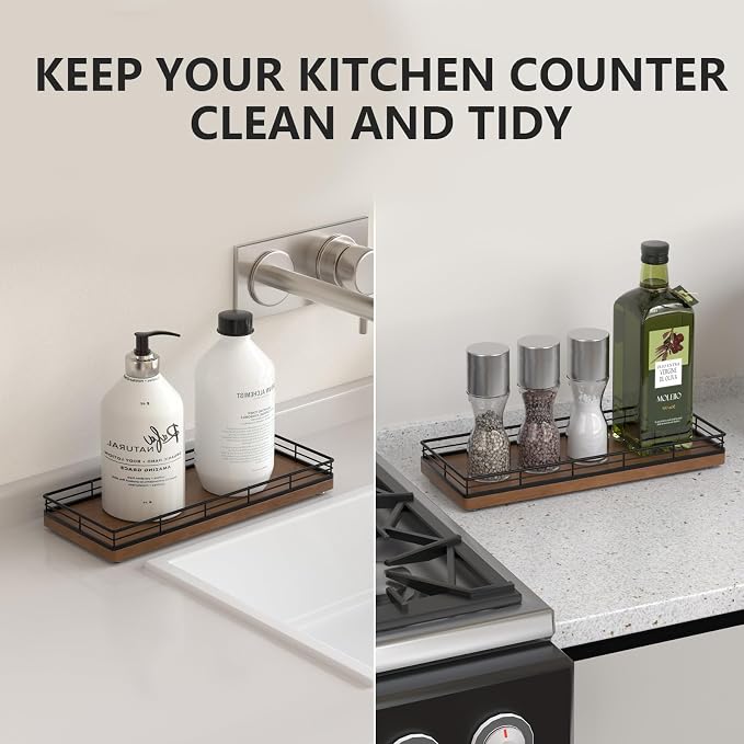 Bathroom Tray for Counter Top Organizer, Oak Wood Vanity Tray | Metal Frame for - Image 4