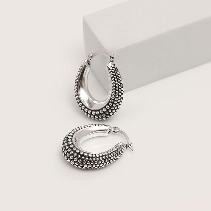 LeCalla 925 Sterling Silver Bali-Style Hoop Earrings Lightweight Click-Top Antique Two-Tone Beaded Italian Bali Style Earring Hoops for Women