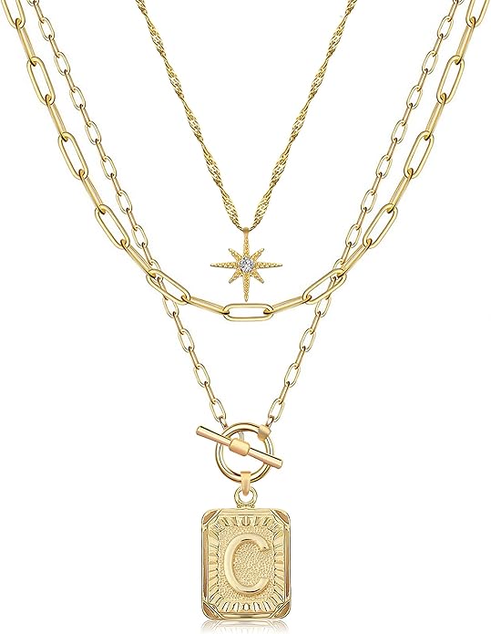 MJartoria Layered Initial Necklaces for Women Trendy, 14K Gold Plated Brass Simple Star Choker Square Letter Pendant Necklace, Paperclip Chain Necklaces Jewelry Gifts