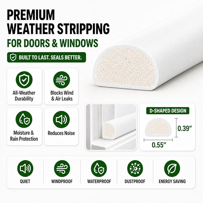 10FT Weather Stripping Door Seal, Self-Adhesive PU D-Shaped Seal Strip - Image 6