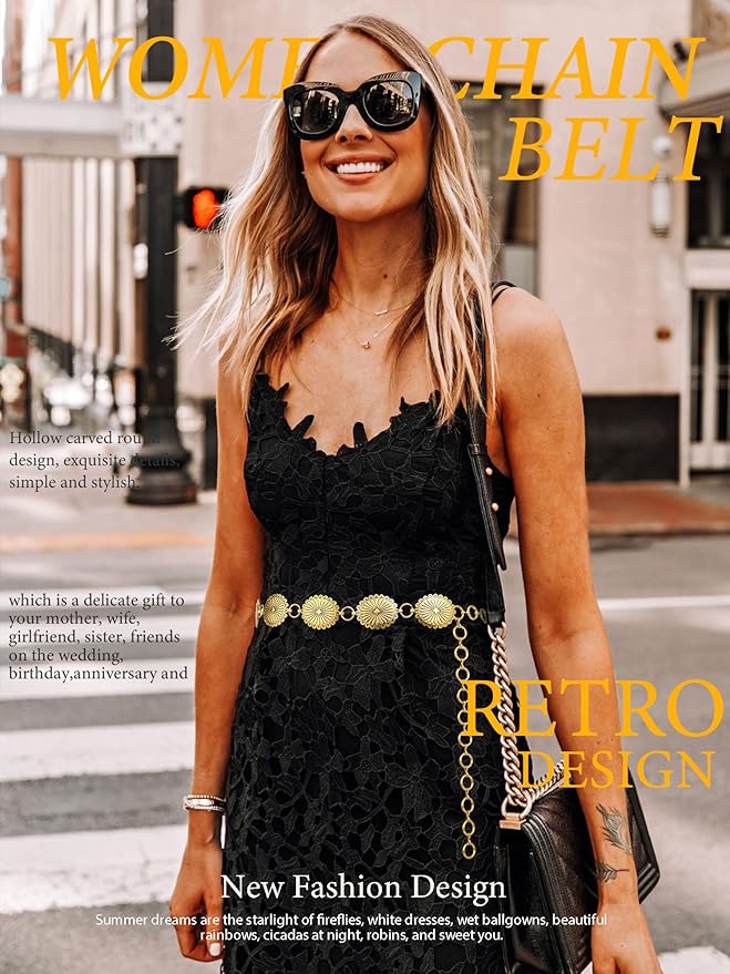 FIORETTO Metal Waist Chain Link Belt for Women Western Cowgirl Boho Turquoise Belts for Dress Jeans Country Concert Outfit