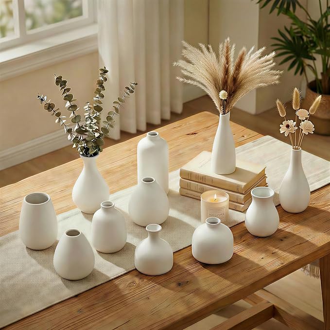 White Bud Vases, Small Ceramic Vase Set of 11, Mini Pottery Vases - Image 6