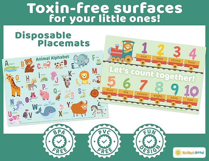 Disposable Placemats for Baby, Toddlers and Kids, 40 Disposable Baby Placemats for Restaurant, Dining Table & Travel, Learning Placemats for Kids, Toddler Travel Essential, Animals ABC & Numbers