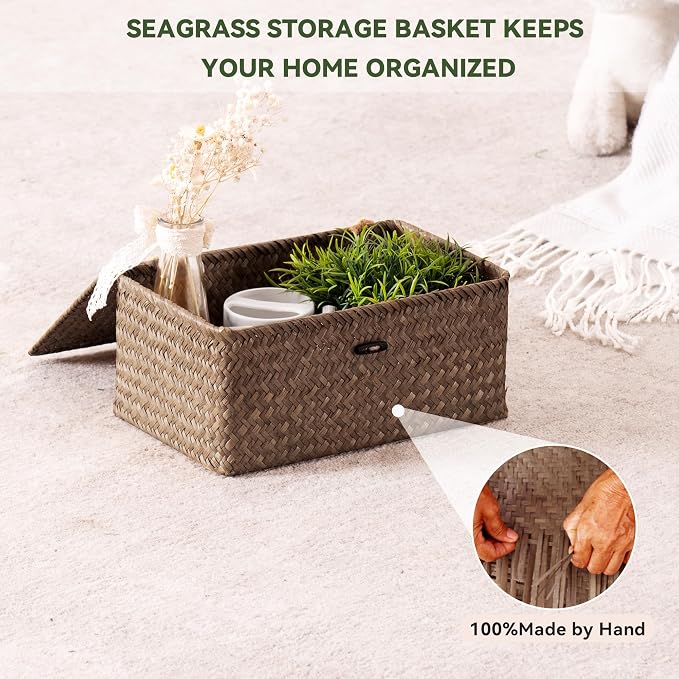 Nonam Storage Basket with Lid, Natural Seagrass Bin with Lid Set of 2, Shelf - Image 5