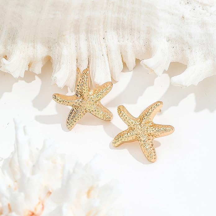 Gold Starfish Earrings for Women Trendy Dainty Starfish Statement Stud Earrings Hypoallergenic Summer Beach Ocean Coastal Jewelry