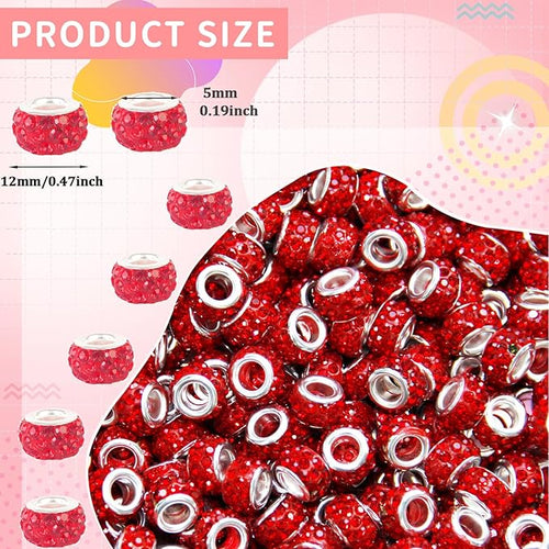 100Pcs Rhinestone Large Hole Beads Spacer Beads Red European Craft Big Beads Large Hole Rhinestones Lampwork Murano Bead Fairy Wand Garden Beads for DIY Bracelet Necklace Jewelry Making Supplies