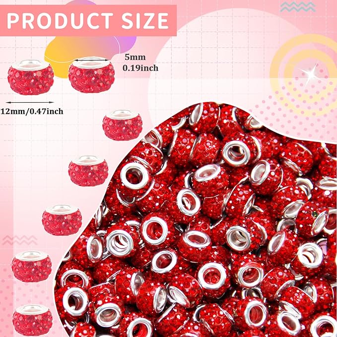 200Pcs Rhinestone Large Hole Beads Spacer Beads Red European Craft Big Beads Large Hole Rhinestones Lampwork Murano Bead Fairy Wand Garden Beads for DIY Bracelet Necklace Jewelry Making Supplies
