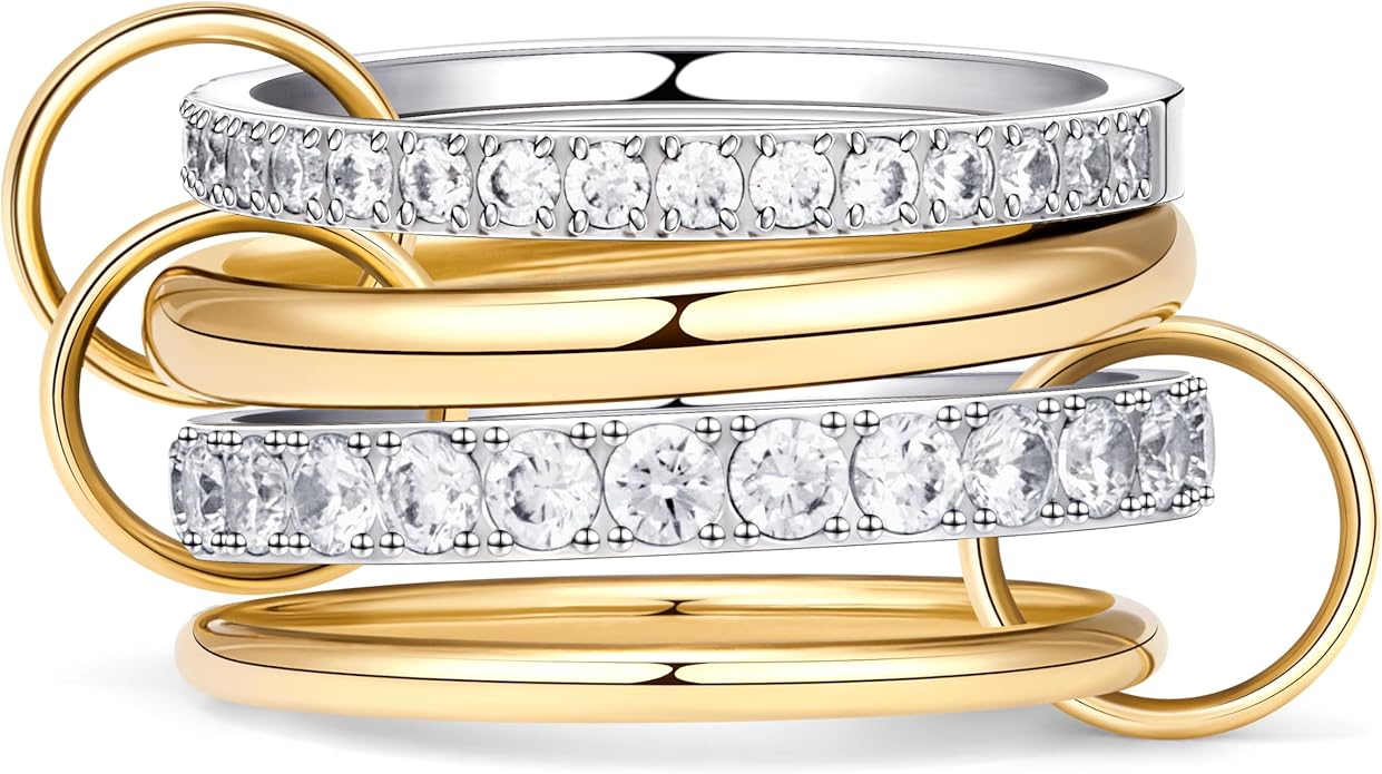 Gelbesty Stackable Gold Silver Band Rings for Women, Statement Chunky Cubic Zirconia Rings, Fashion Unique Designer Mixed Metal Jewelry Size 5/6/7/8/9/10/11