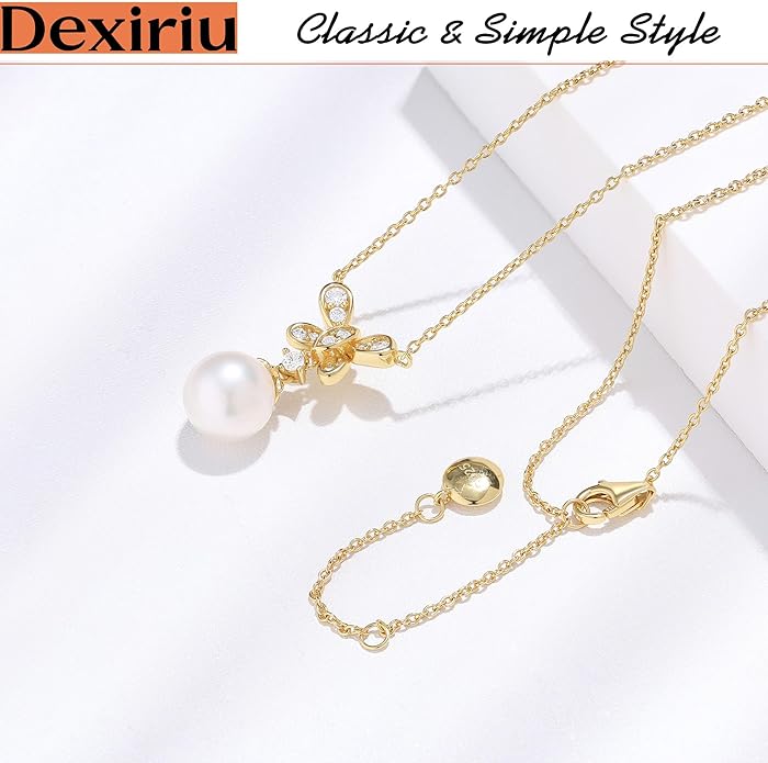 Pearl Necklace for Women with 14K Gold Plated S925 Silver & Butterfly Pendant Necklace, 17.7"+2" Chain Length, Gift for Birthday, Mothers Day, Christmas, Anniversary, Graduation