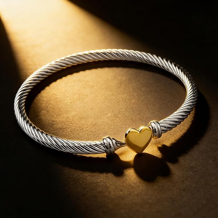 Decpro Adjustable Twist Stainless Steel Cable Bracelet with 14K Gold Plated Love Heart Charm - 4MM Open Bangle Cuff for Women & Men, Gift for Friends, Family, Valentine (6-8cm)