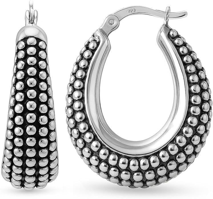 LeCalla 925 Sterling Silver Bali-Style Hoop Earrings Lightweight Click-Top Antique Two-Tone Beaded Italian Bali Style Earring Hoops for Women