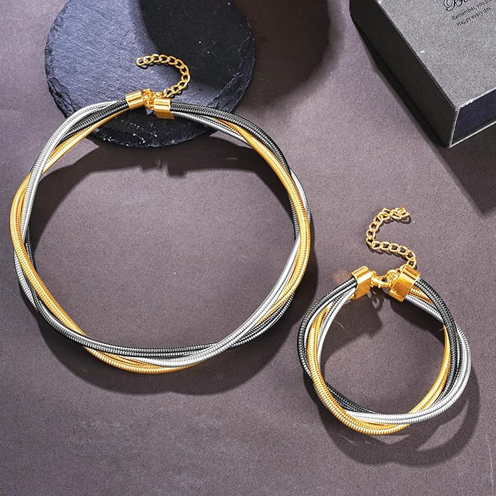 YBMYCM Chunky Gold-plated Silver Jewelry Set Multi Strands Stainless Steel Choker Necklace Bracelet Set for Women