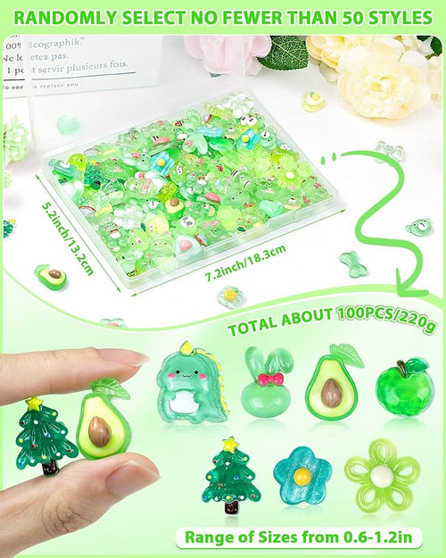 100PCS FIVEIZERO Cute Slime Charms Bulk Set – Kawaii Flatback Resin Charms for Crafts, Mini Decoden Acrylic Embellishments for Phone Junk Cases, Scrapbooking & DIY Decoration (Green)