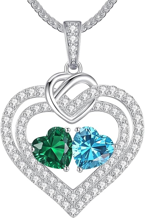LOUISA SECRET Sparkling Double Heart Birthstone Necklaces for Women, 925 Sterling Silver Fine Jewelry, Pendant Heart Necklaces Birthday Anniversary Christmas Gift for Women Wife Mom Girlfriend Lady