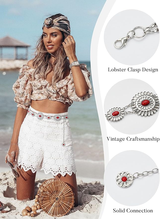 FIORETTO Metal Waist Chain Link Belt for Women Western Cowgirl Boho Turquoise Belts for Dress Jeans Country Concert Outfit