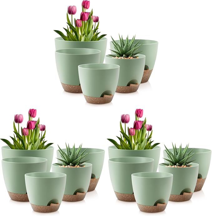 QRRICA Plant Pots 10/9/8/7.5/7 Inch Self Watering Pots, Plastic Flower Pots by QRRICA