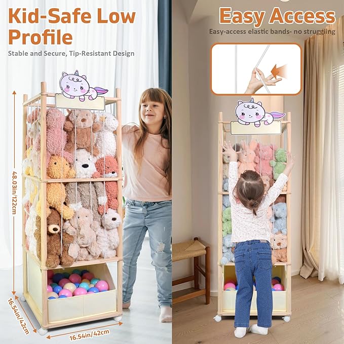 Stuffed Animal Storage with Tiny Toys Tray, Wood Stuffed Animal Zoo Storage with Brake Wheels, Space-Saving Plushie Playhouse for Nursery, Playroom, Kids Bedroom- Easy Assembly