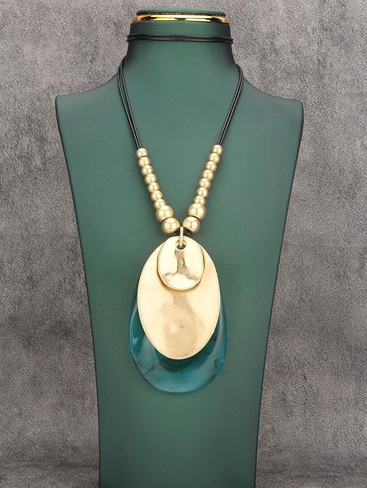 GelConnie Leather Necklace for Women Large Pendant Long Brown Necklace Circle Leather Choker Vintage Sweater Necklace Gold Chunky Boho Necklaces for Women