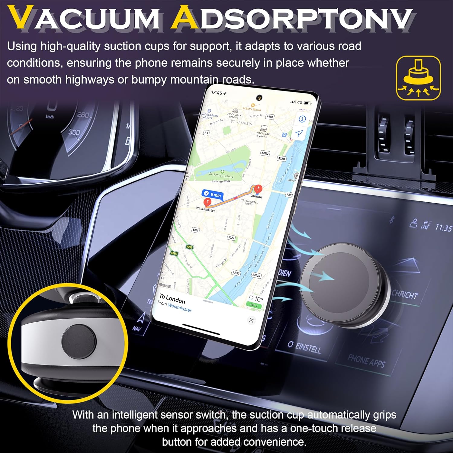 Fostex Vacuum Magnetic Phone Holder Magnet,360 Adjustable Rotatable Magnetic Mount,Electric Vacuum Magnetic Phone Holder,Hands-Free Phone Holders for Your Car iPhone 16/15/14/13/12